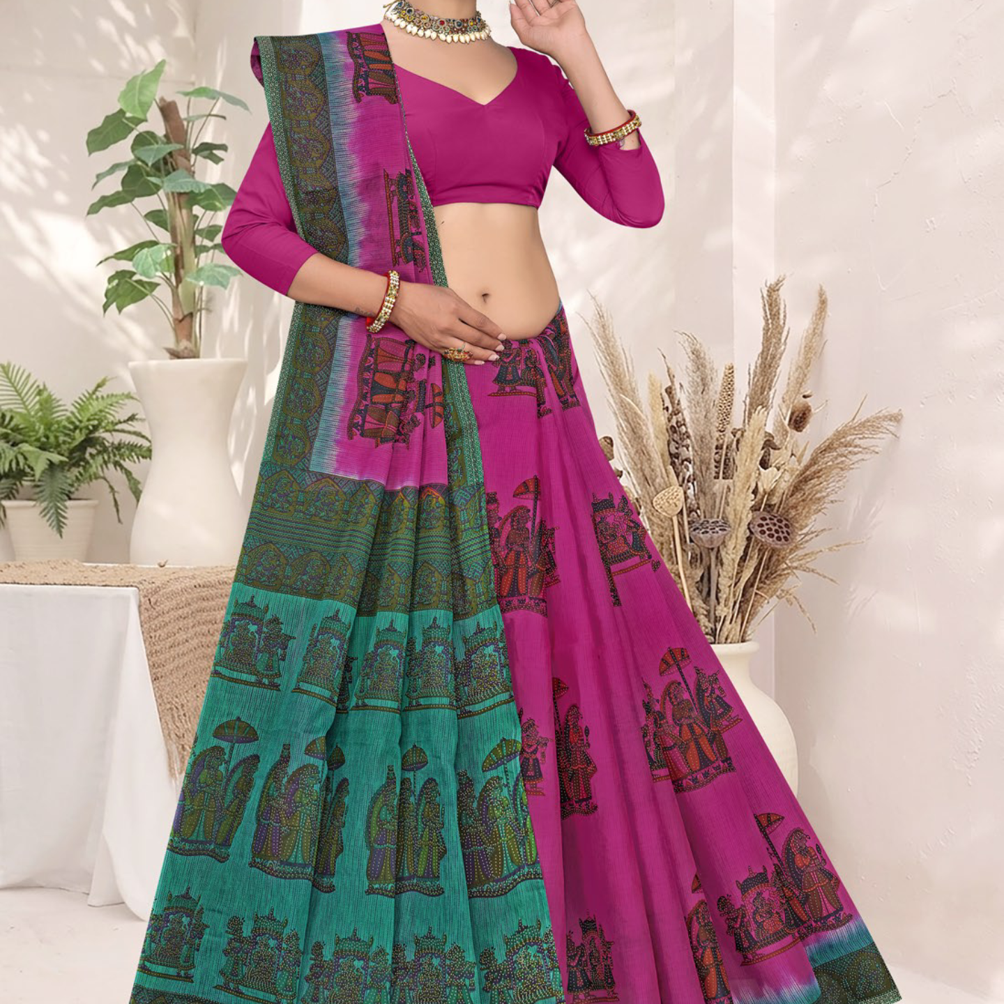Magenta and Teal cotton saree [sku:BV-24274]