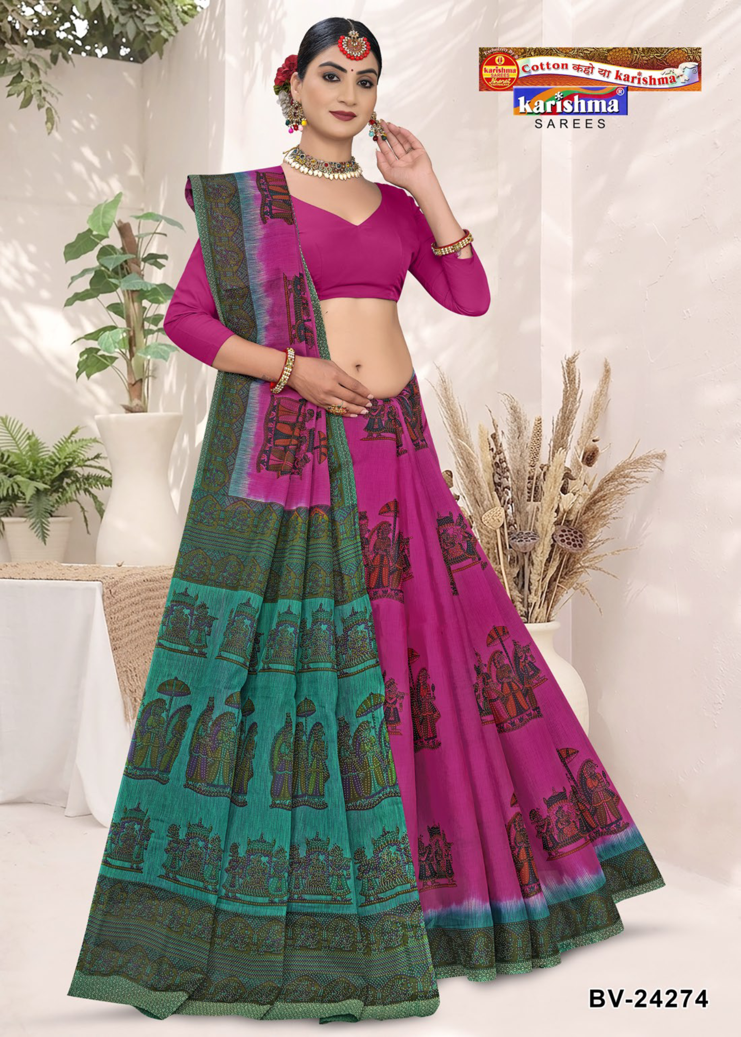 Magenta and Teal cotton saree [sku:BV-24274]