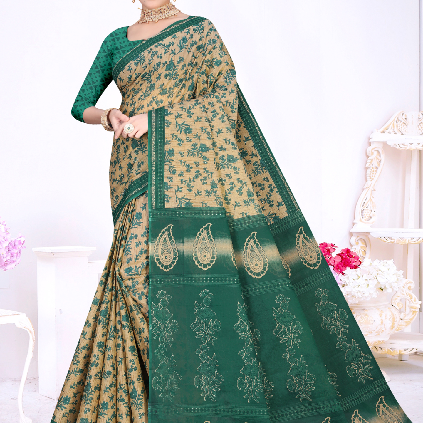 Dark Green & Beige cotton saree [sku:KN-57989]