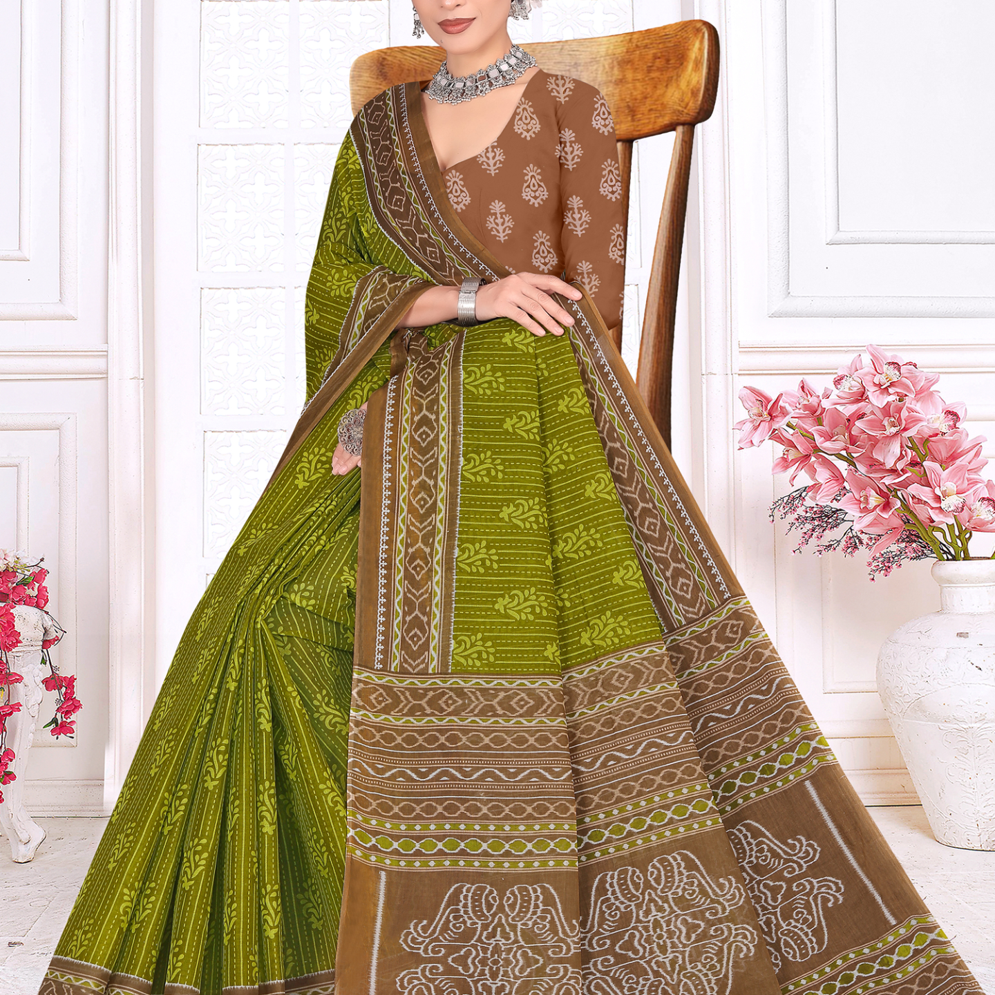 Olive Green & Brown cotton saree [sku:KN-67470]
