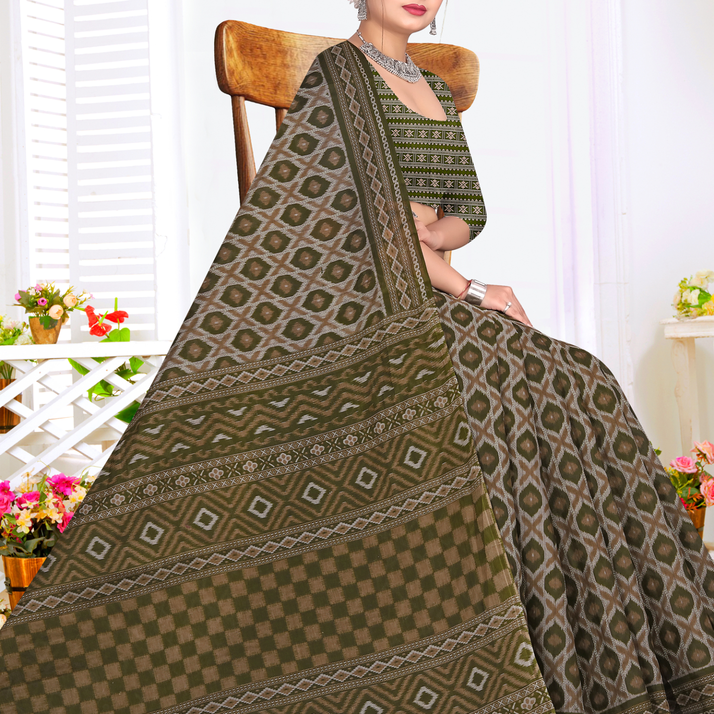 Olive Green & Grey cotton saree [sku:KN-67243]