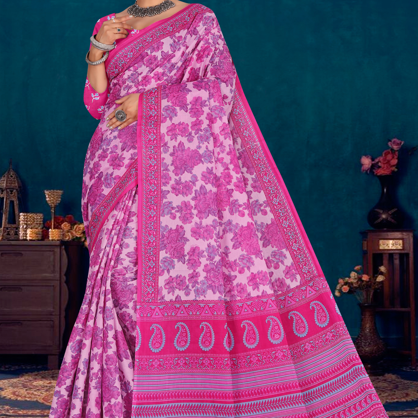 Pink and Magenta cotton saree [sku:KN-66607]
