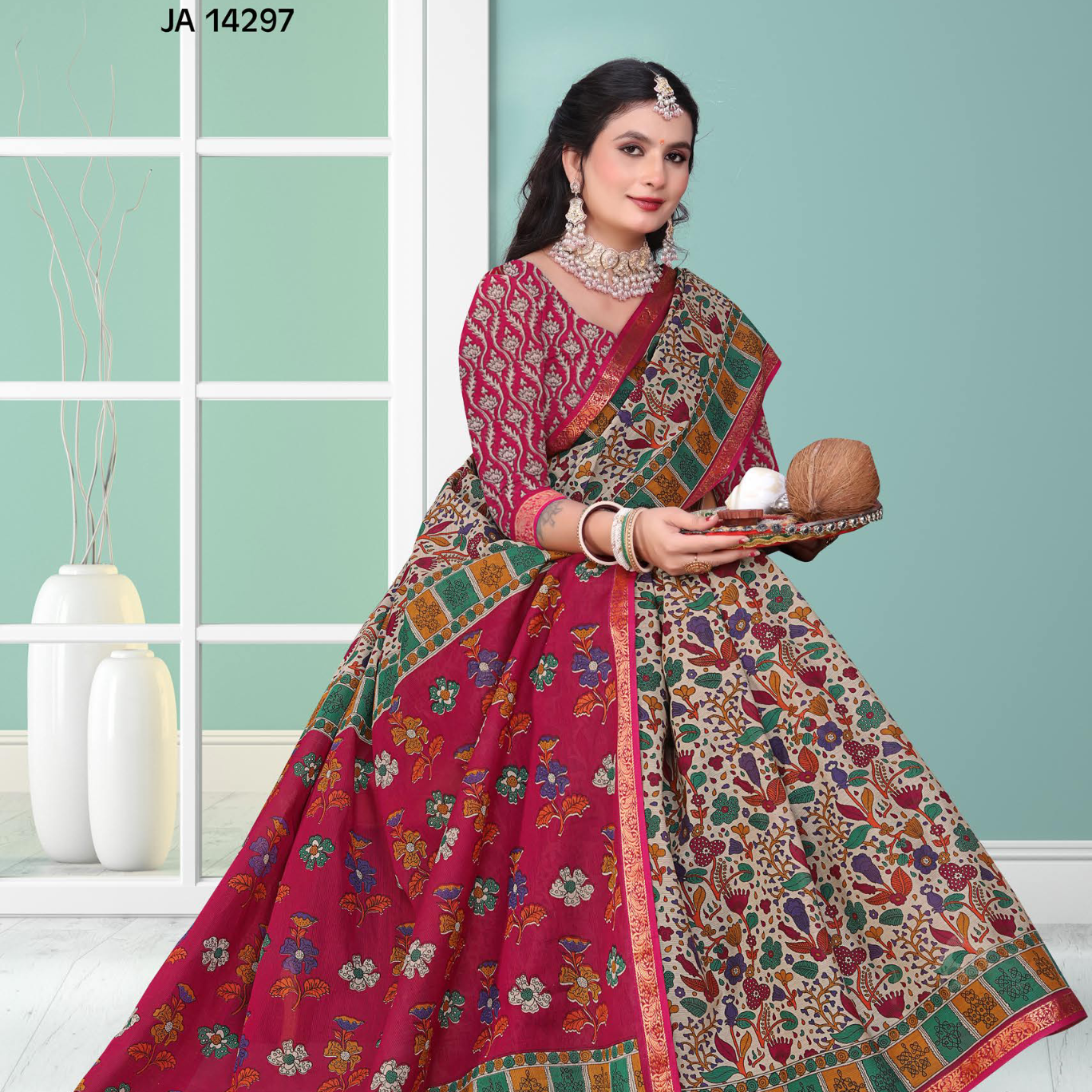 Magenta & Beige muslin saree [sku:JA 14297]