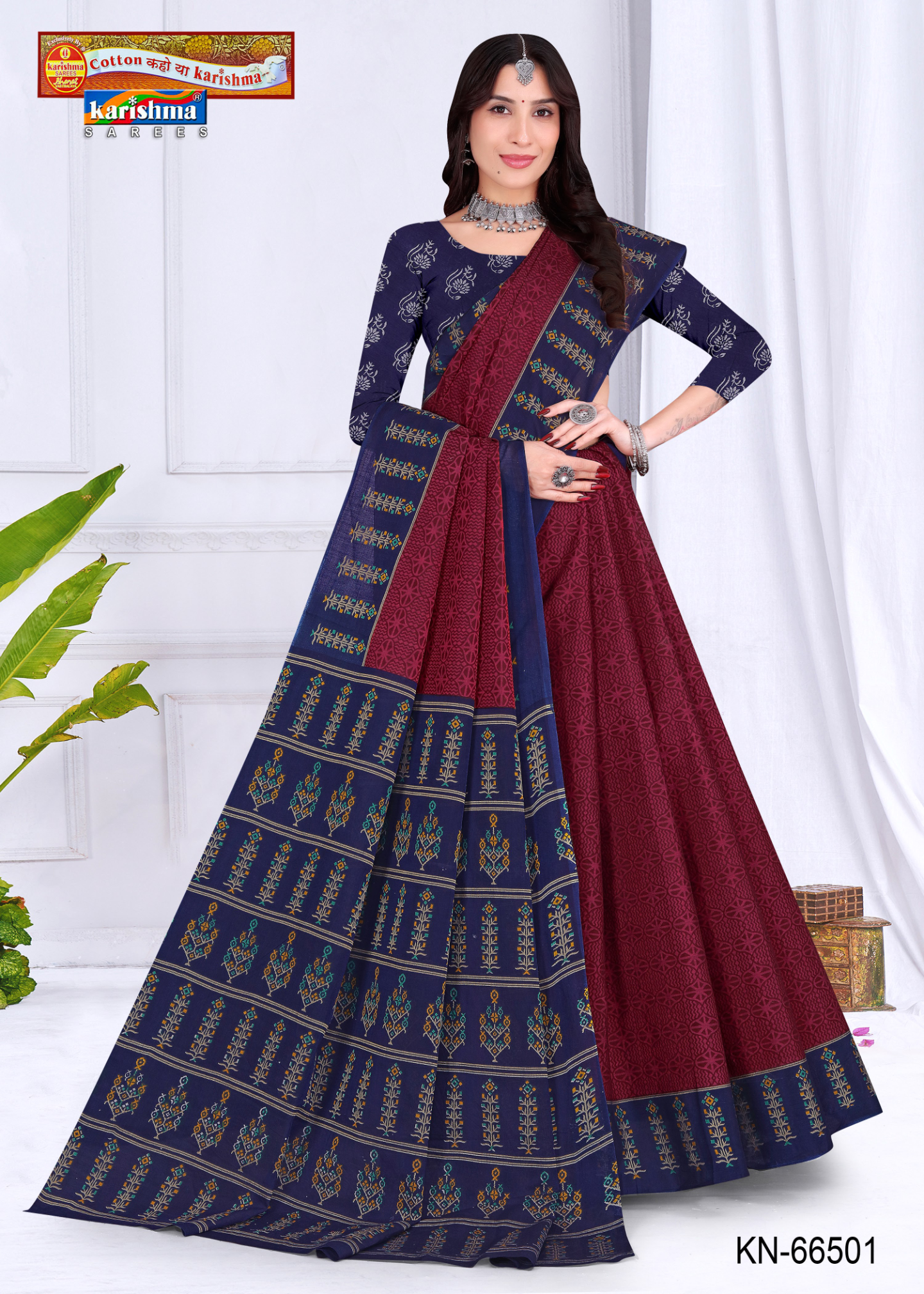 Wine Red & Navy Blue muslin saree