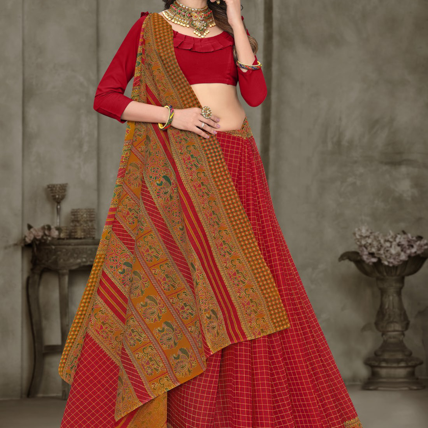 Red and Mustard cotton saree [sku:BV-24797]