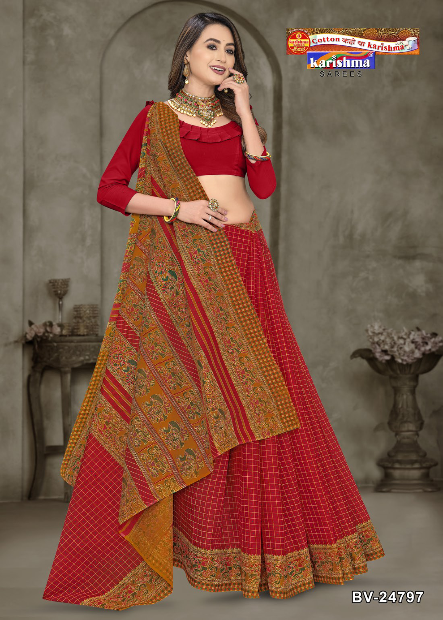 Red and Mustard cotton saree [sku:BV-24797]