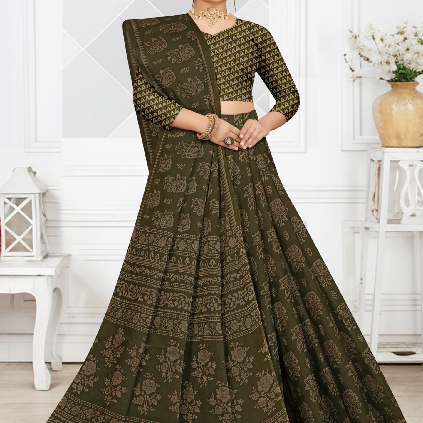Olive Green cotton saree