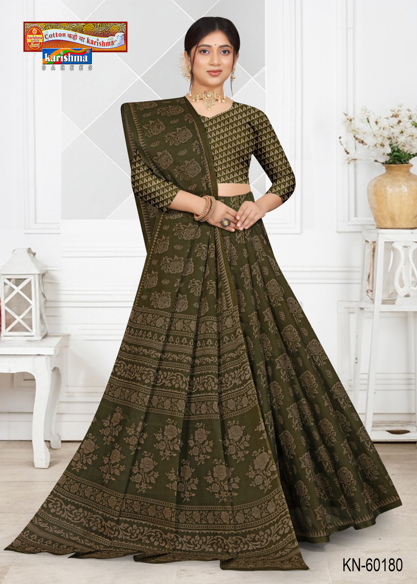 Olive Green cotton saree