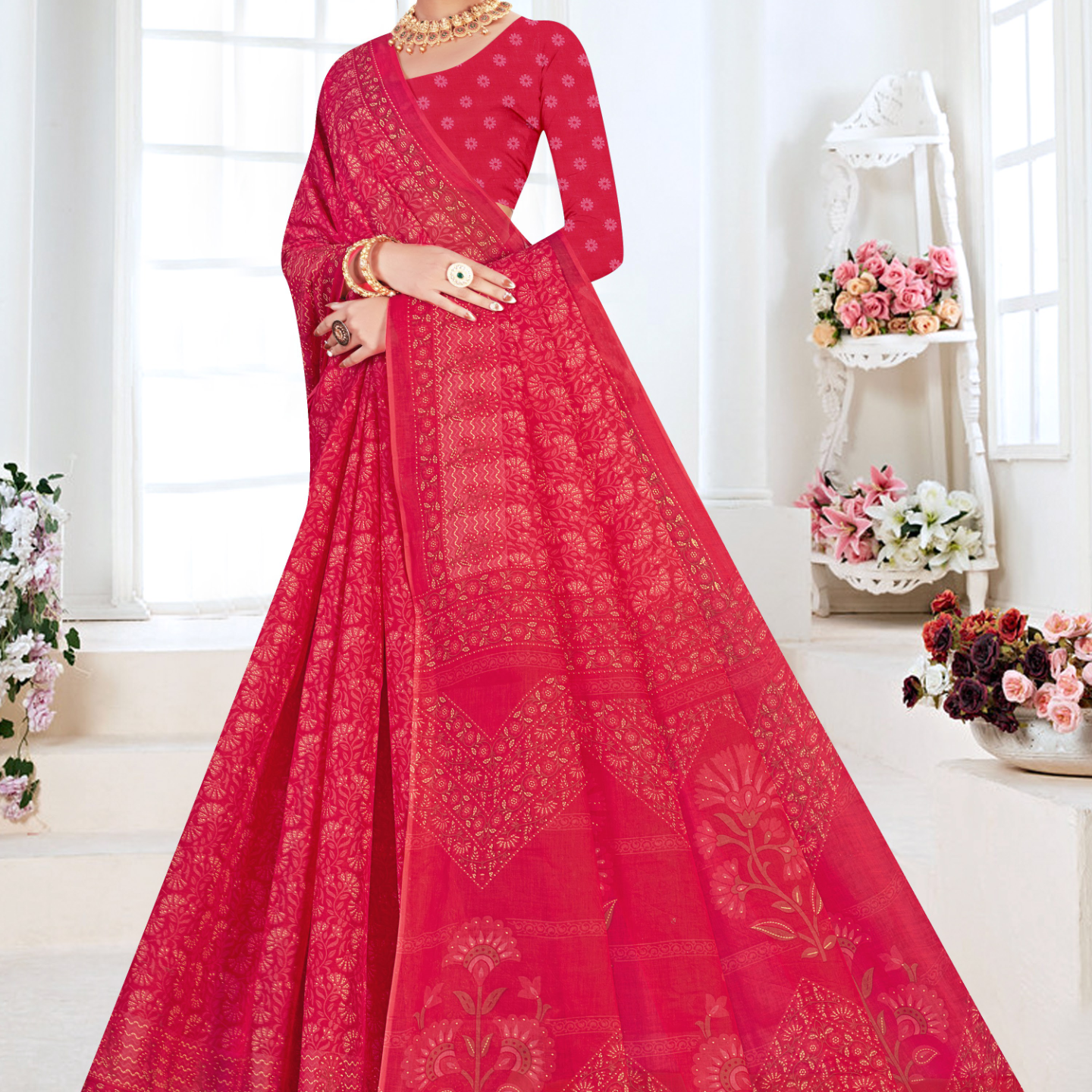 Red cotton saree
