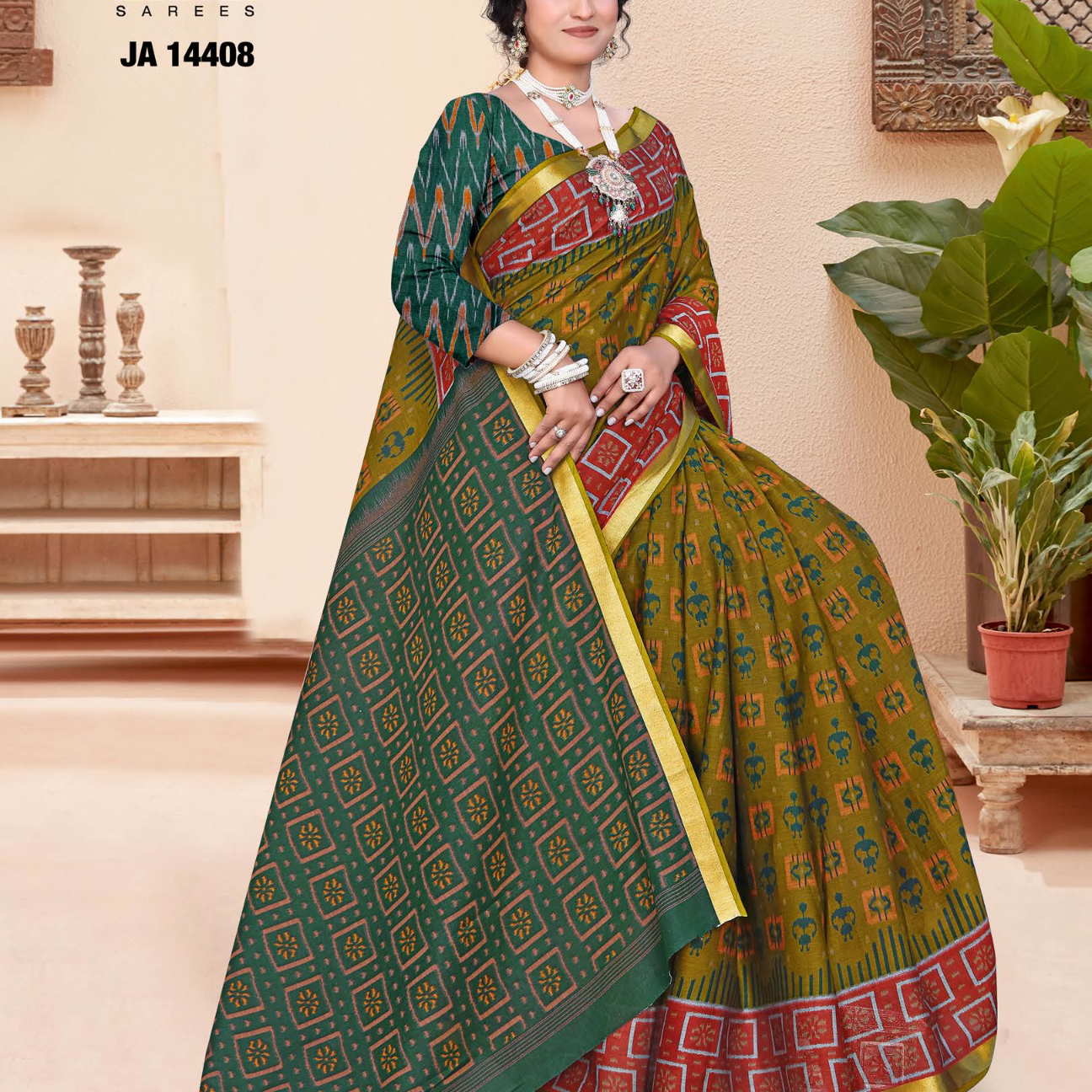Olive Green & Mustard muslin saree [sku:JA-14408]