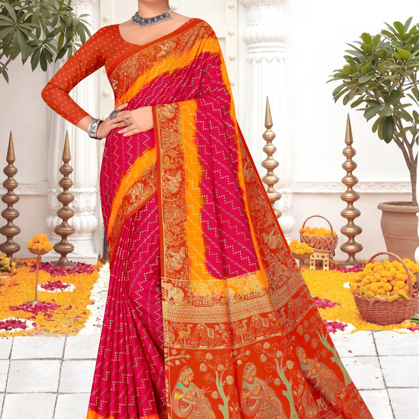 Pink and Orange malai saree [sku:KN-67902]