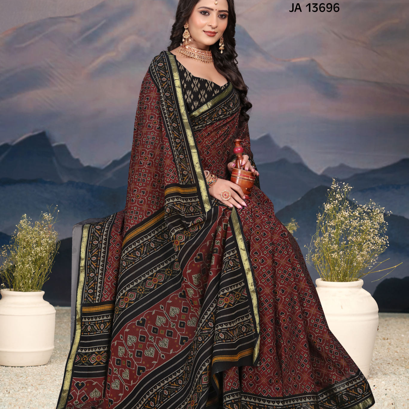 Maroon and Black muslin saree [sku:JA 13696]