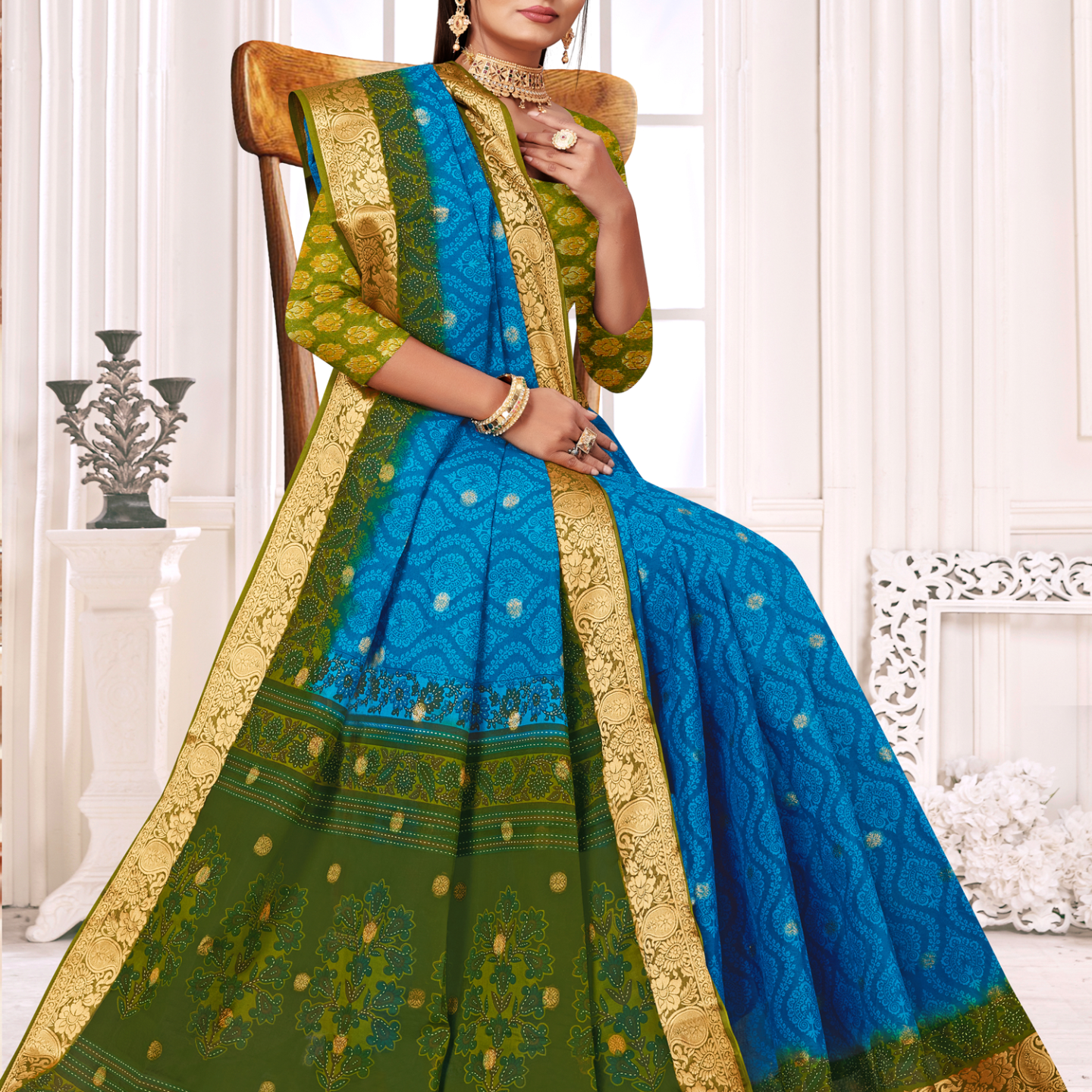 Blue and Olive Green malai saree [sku:KN-66902]