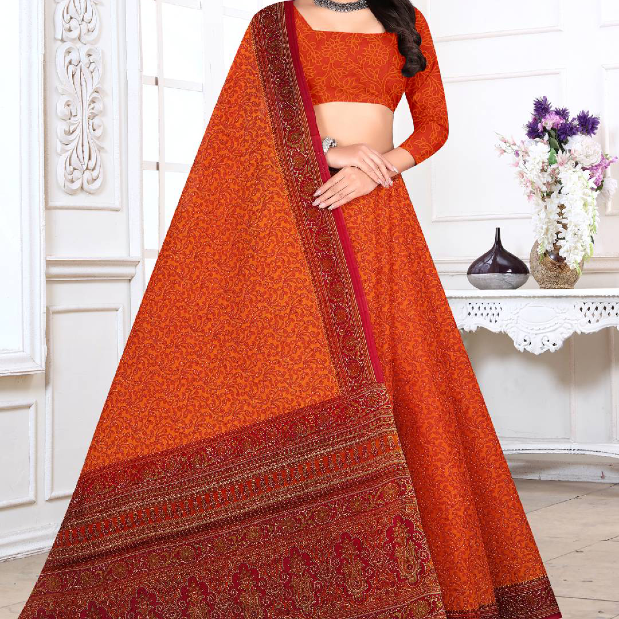 Bright Orange cotton saree [sku:KN-67659]