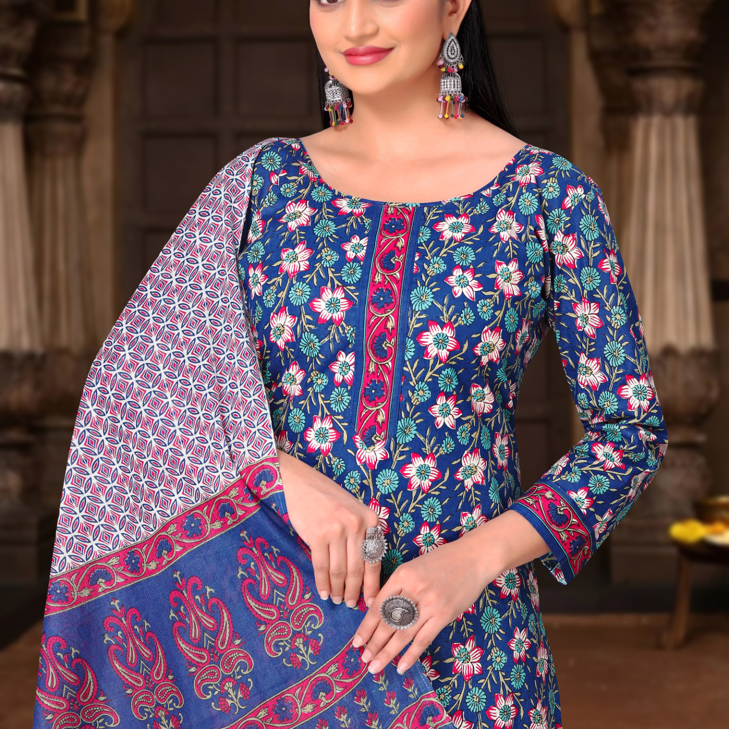 Blue and Pink cotton saree [sku:K-10065-BLUE-AND-PINK]
