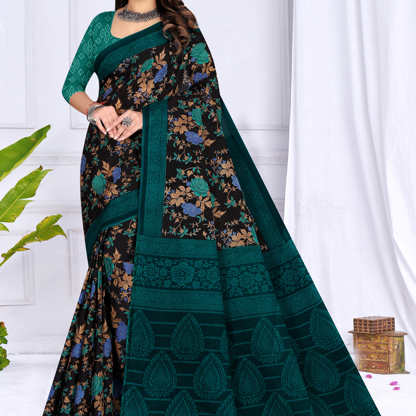 Teal Green and Black cotton saree