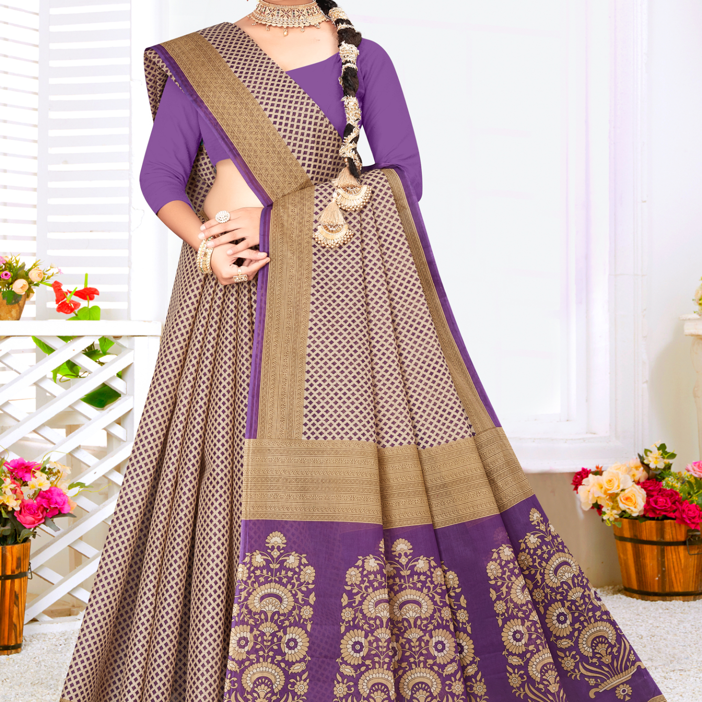 Purple & Beige cotton saree [sku:KN-68766]