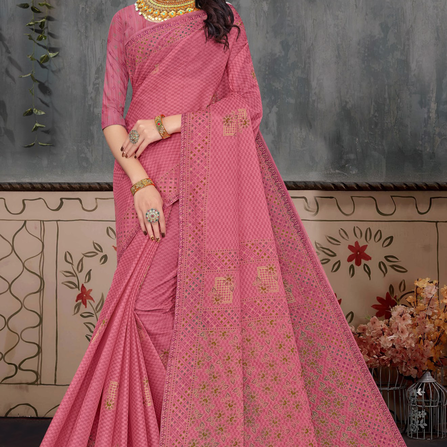 Rose Pink cotton saree [sku:BV-18642]