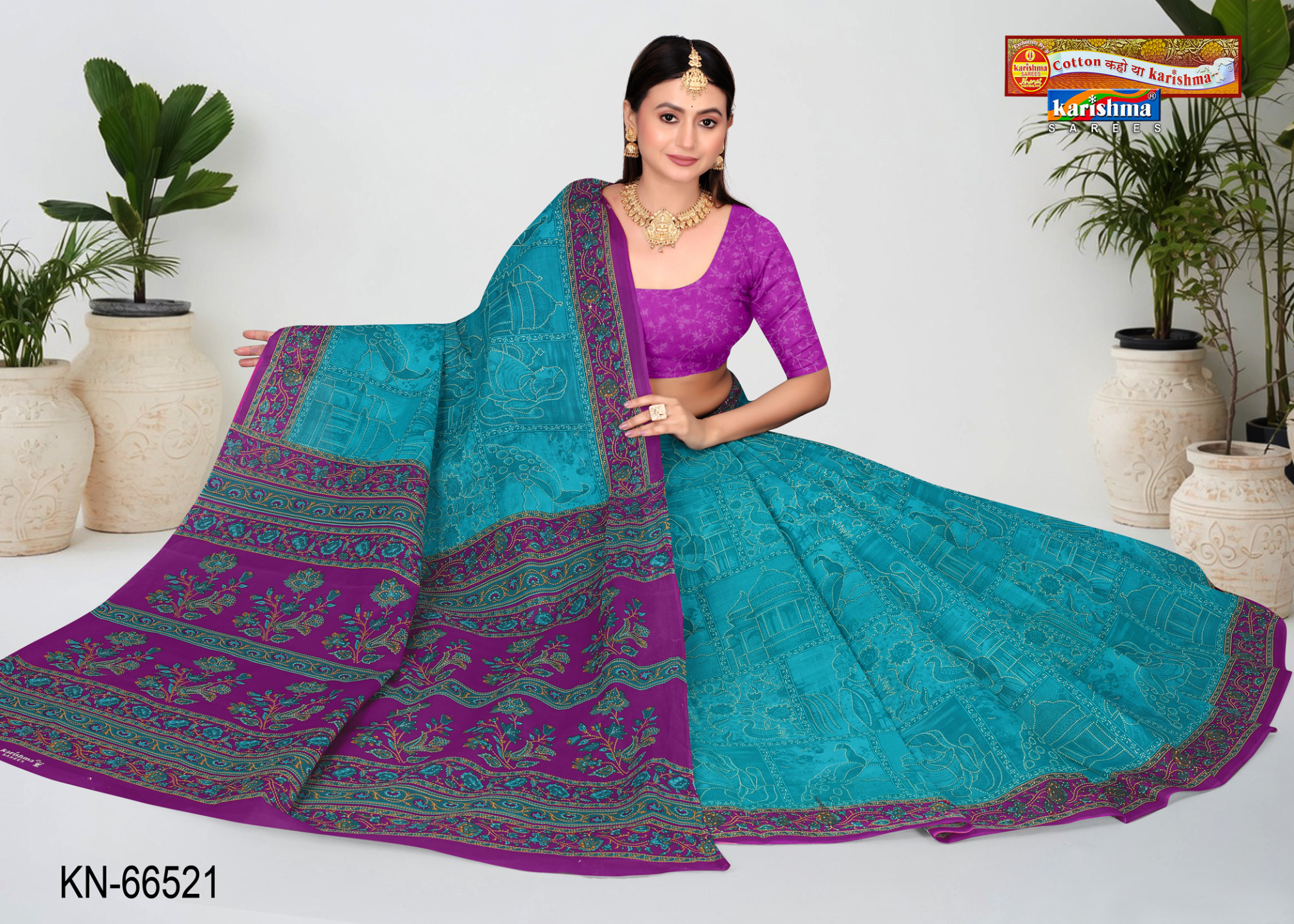 Turquoise & Purple cotton saree [sku:KN-66521]