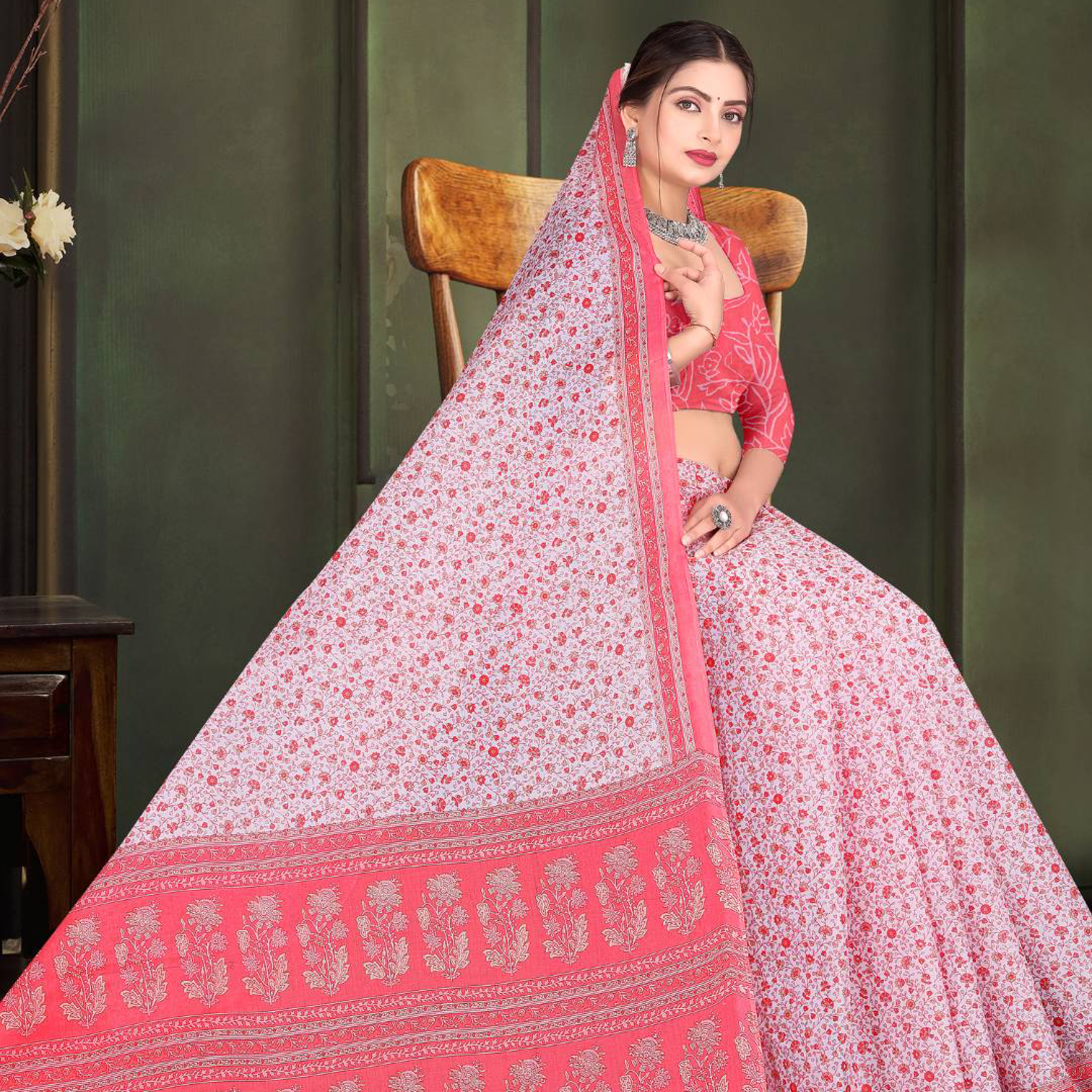 Pink & White cotton saree