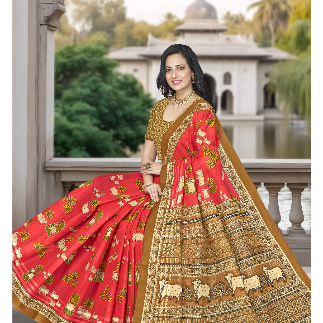 Coral Red cotton saree [sku:59445]