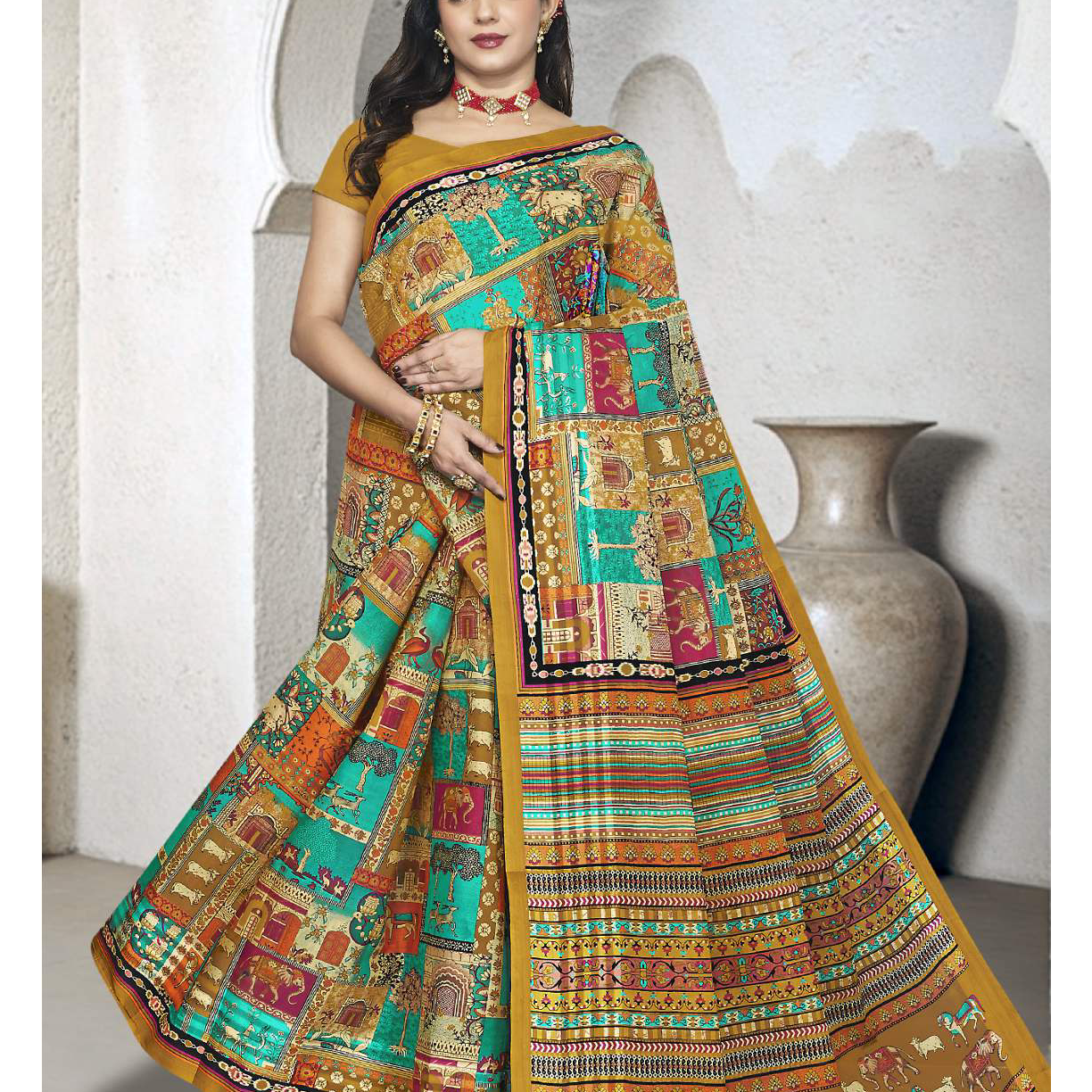 Mustard & Multicolor cotton saree [sku:D.NO. 59524]