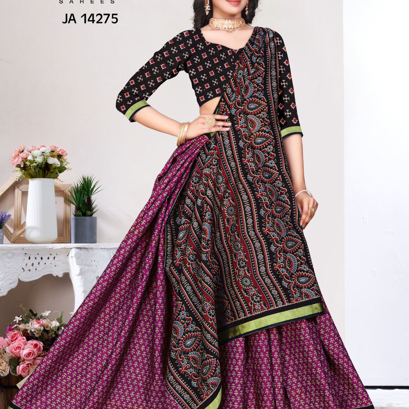 Magenta & Black muslin saree
