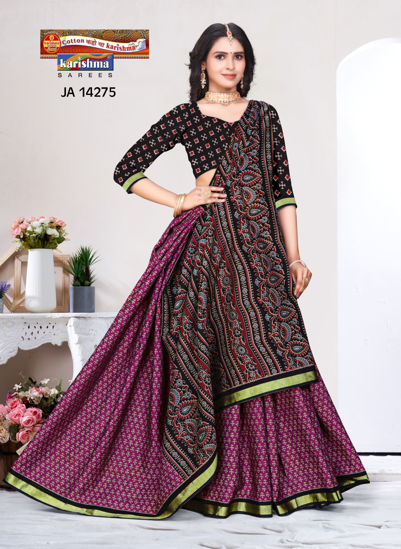 Magenta & Black muslin saree