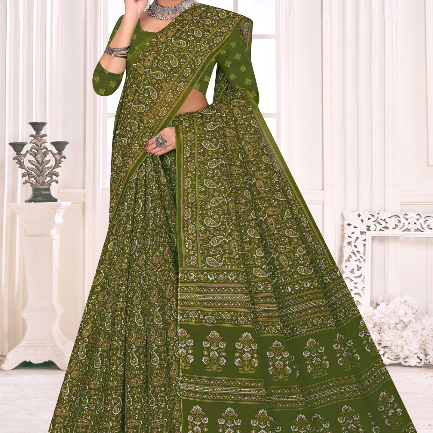 Olive Green cotton saree [sku:KN-66976]