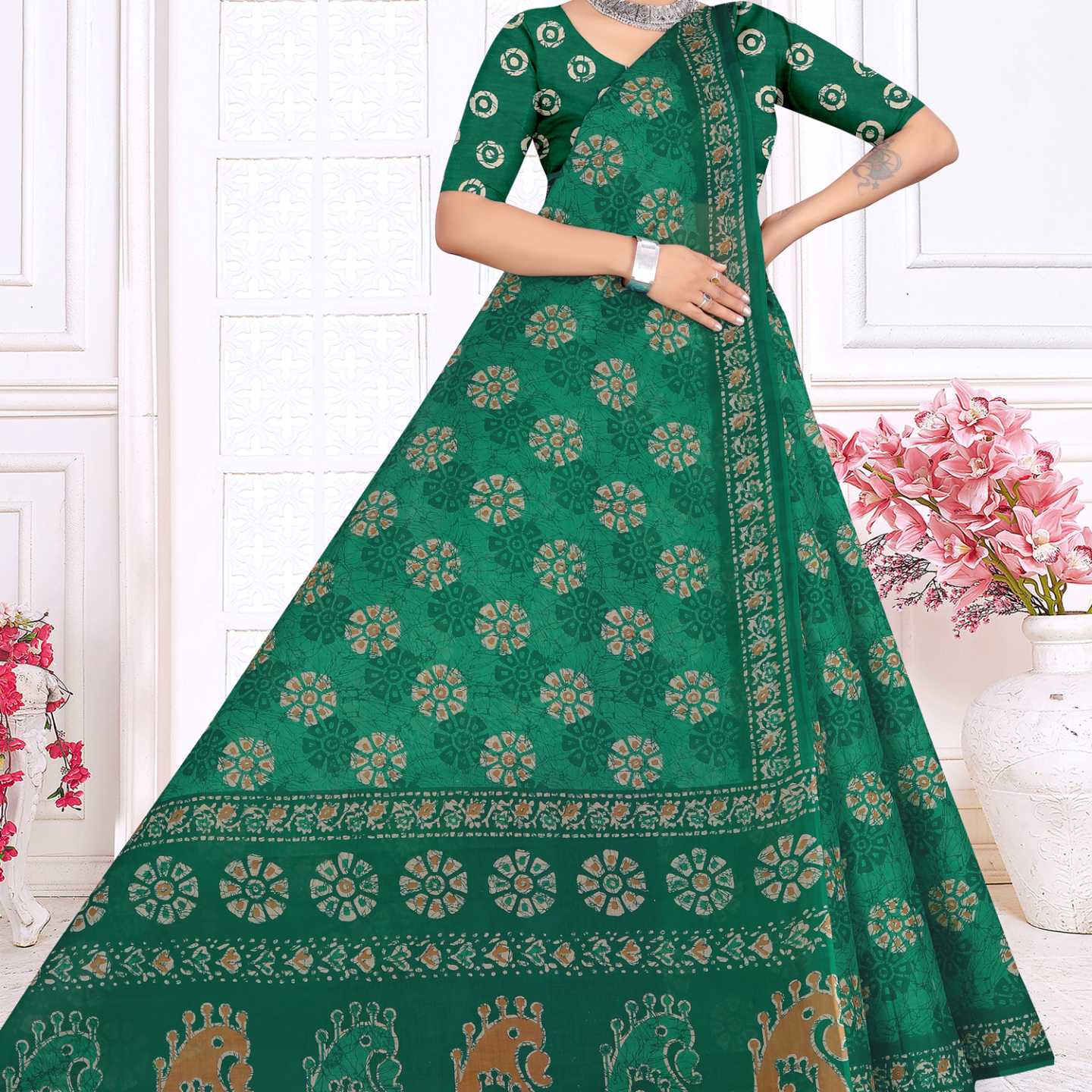 Emerald Green cotton saree [sku:KN-67524]