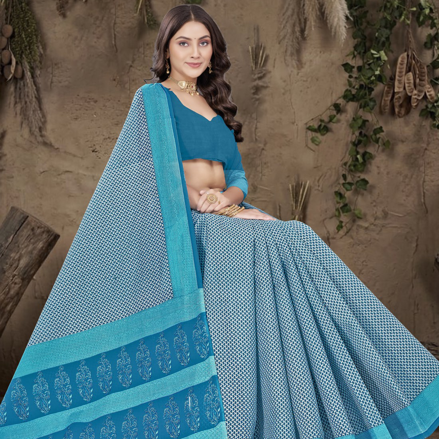 Teal Blue cotton saree [sku:BV-24838]