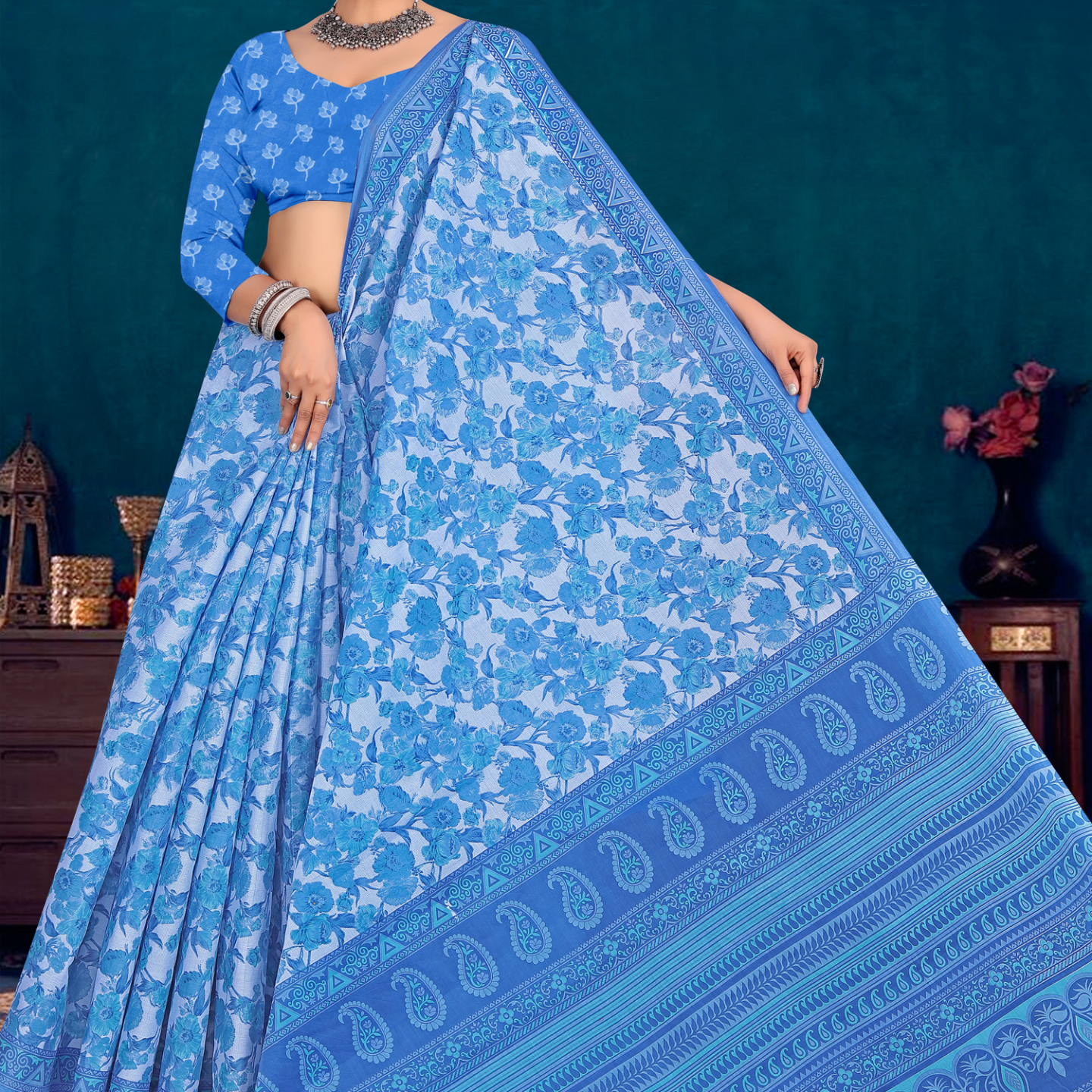 Blue cotton saree [sku:KN-66608]
