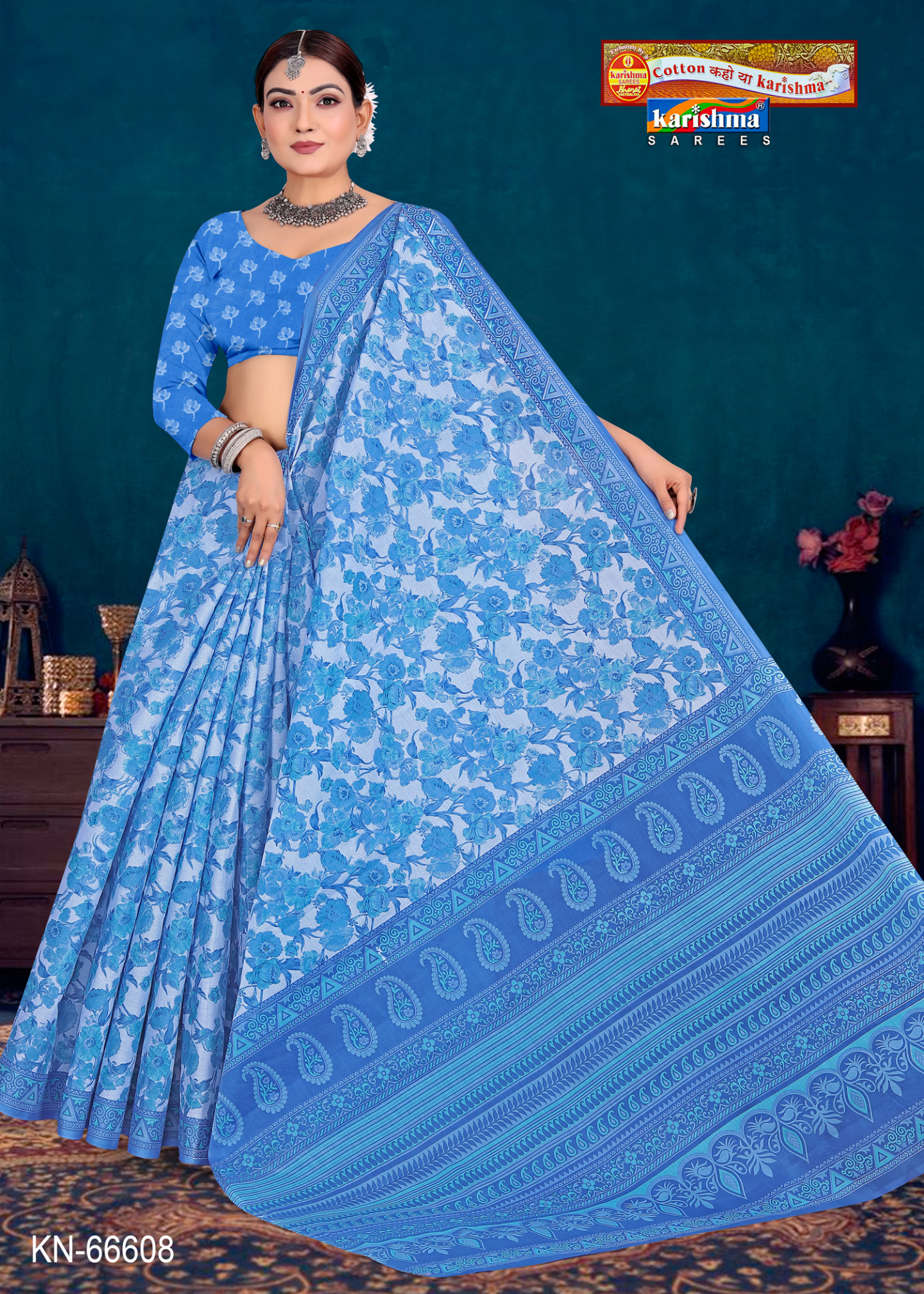Blue cotton saree [sku:KN-66608]