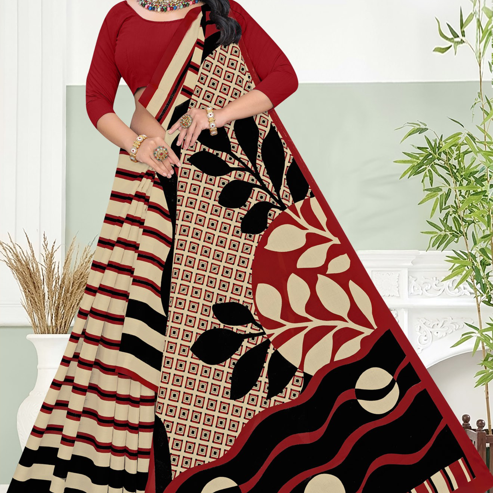 Beige, Red & Black soft cotton saree [sku:BV-23733]