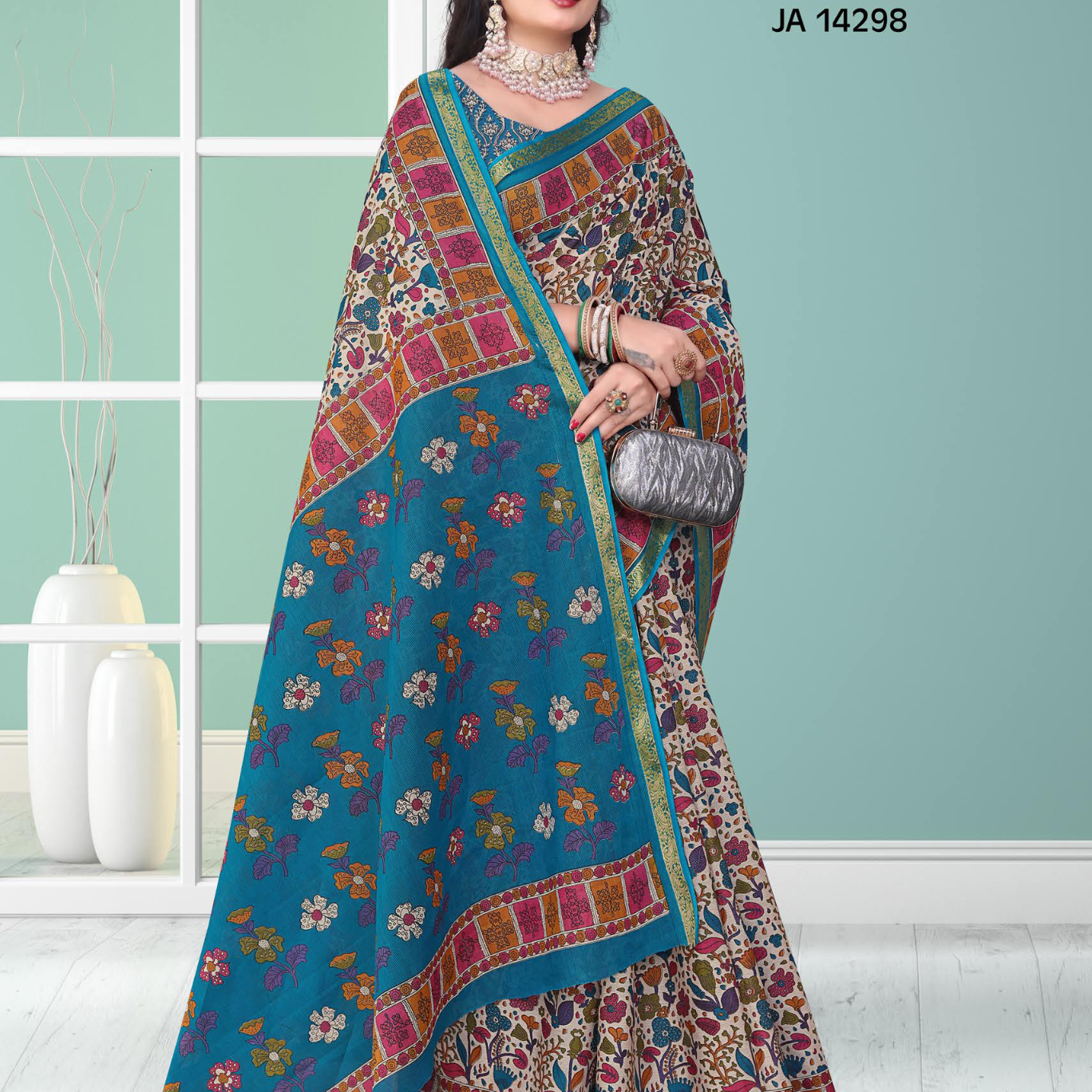 Blue & Beige muslin saree [sku:JA 14298]