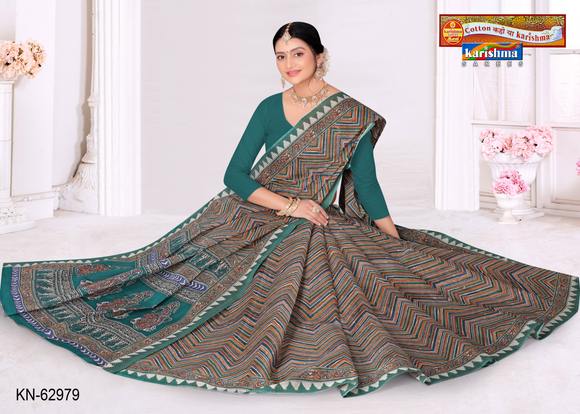 Teal Green & Orange cotton saree [sku:KN-62979]