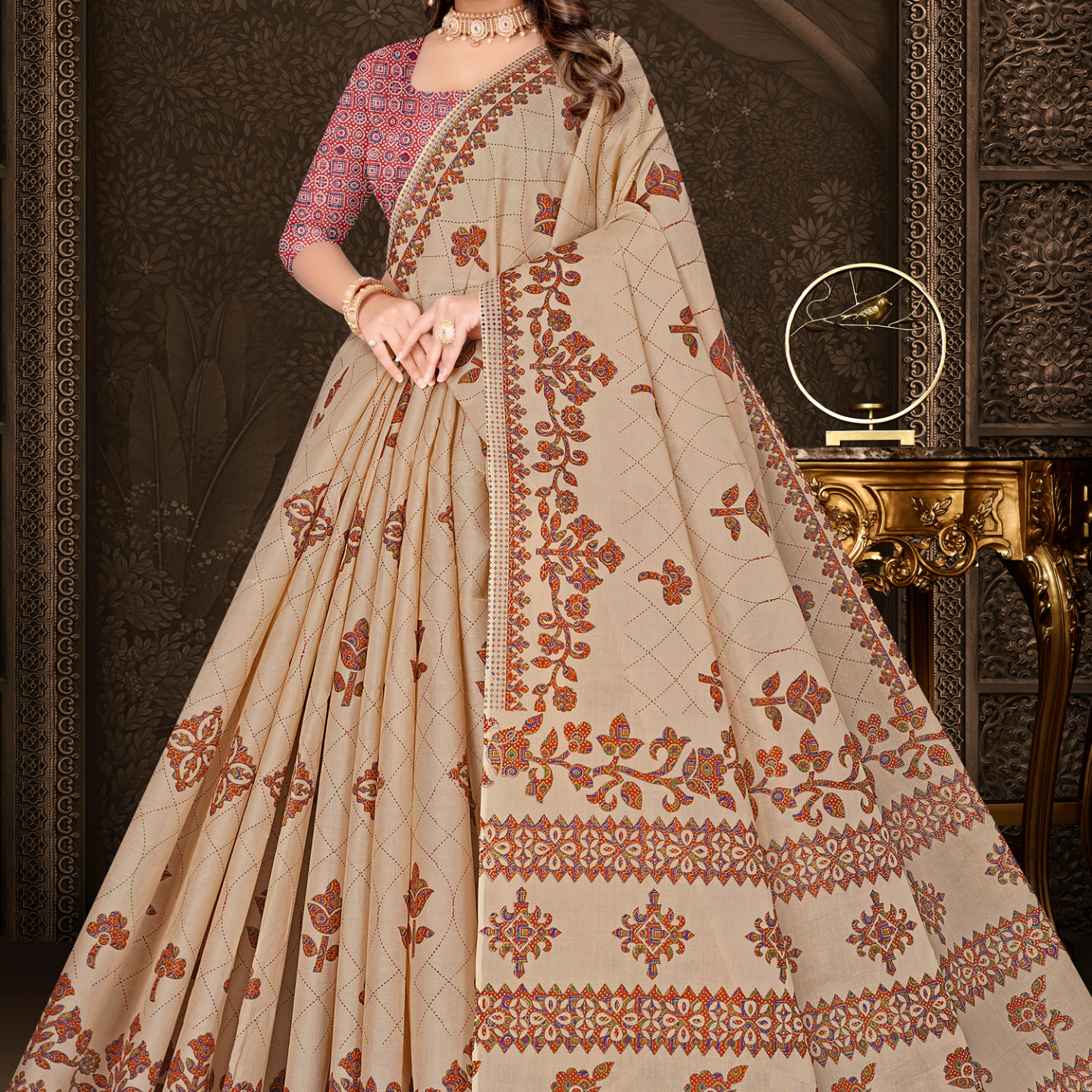 Beige & Orange cotton saree [sku:KN-63331]