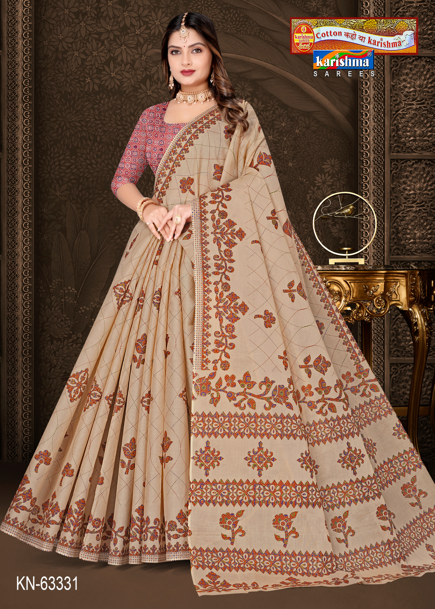 Beige & Orange cotton saree [sku:KN-63331]