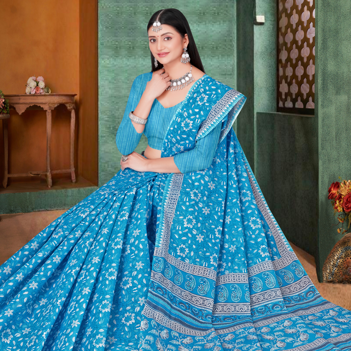 Sky Blue cotton saree