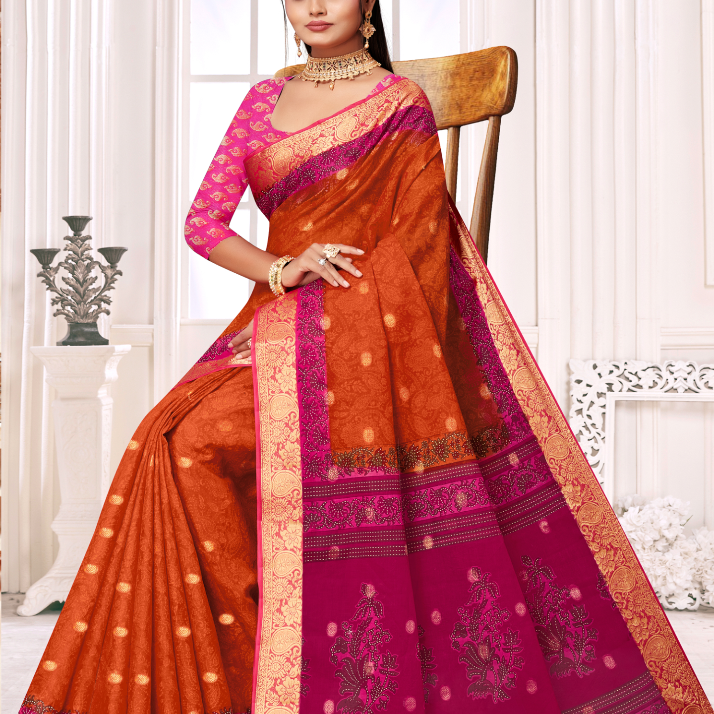 Orange and Magenta malai saree [sku:KN-66903]