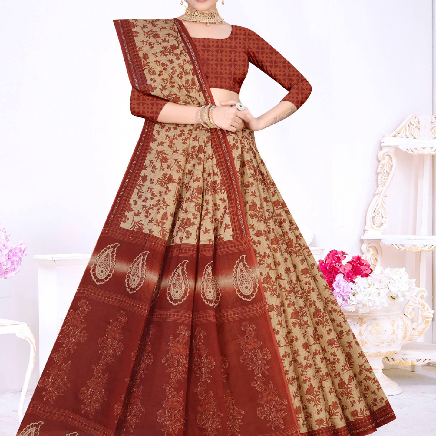 Rust Orange & Beige cotton saree [sku:KN-57990]