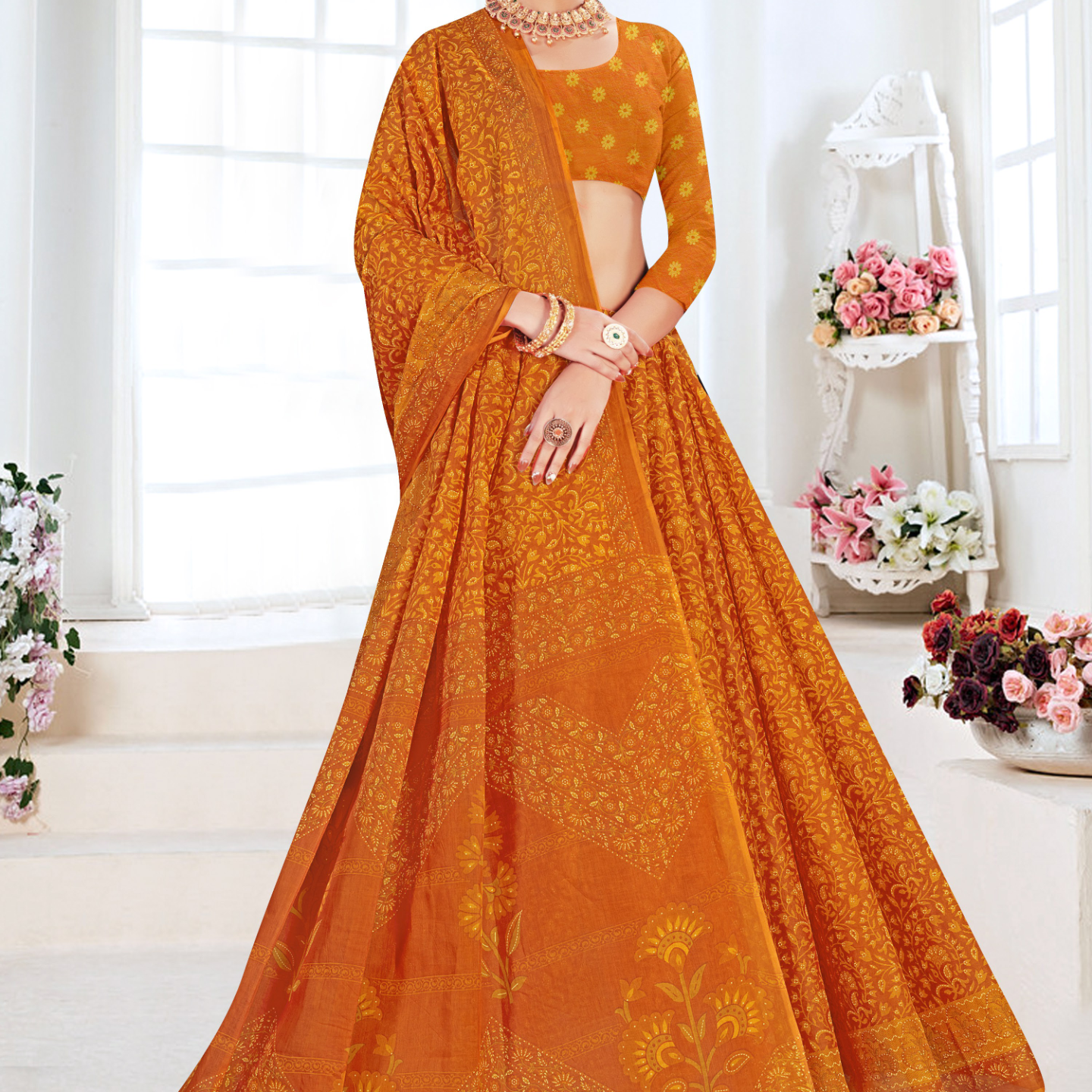 Mustard Orange cotton saree