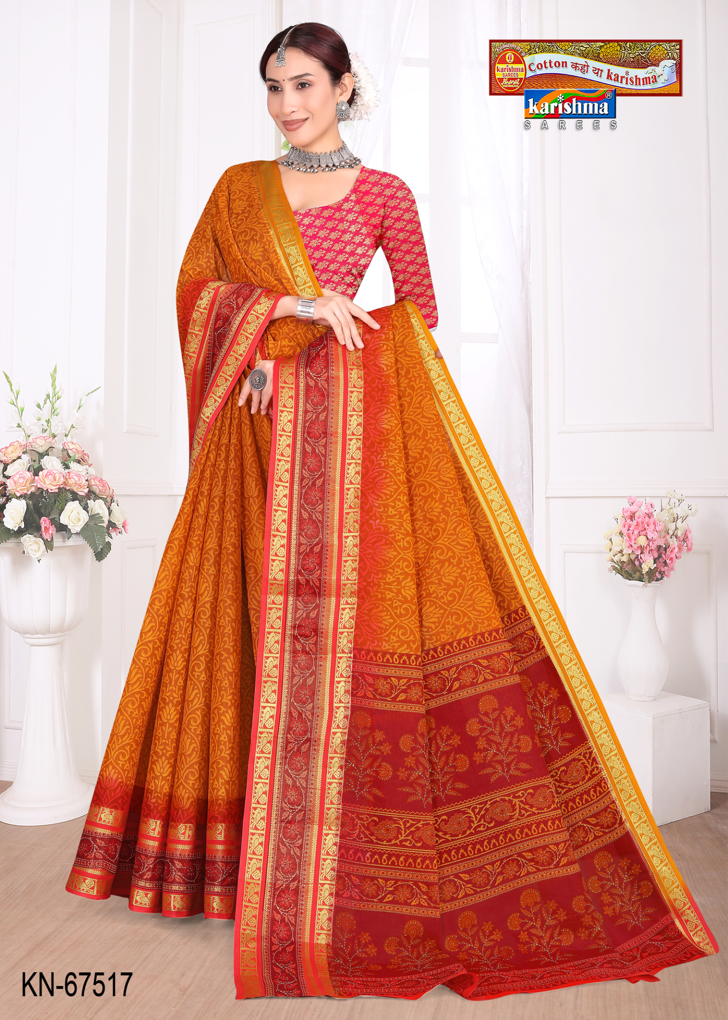 Mustard Yellow and Red cotton saree
