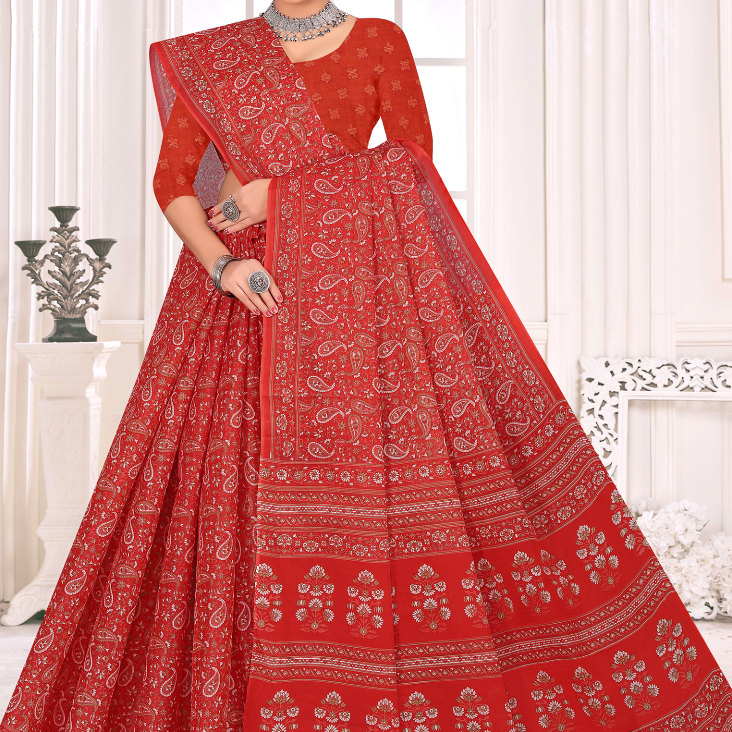 Crimson Red cotton saree [sku:KN-66977]