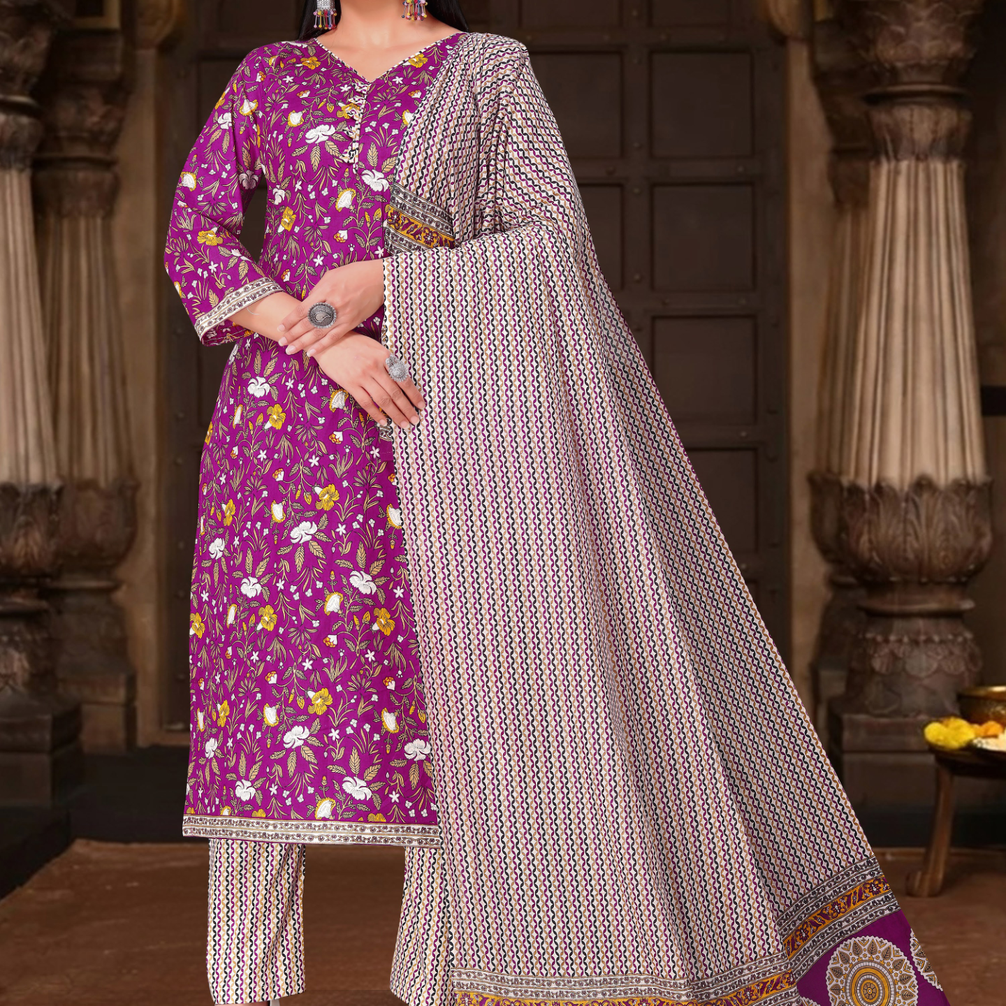 Purple cotton saree [sku:KN-68062]