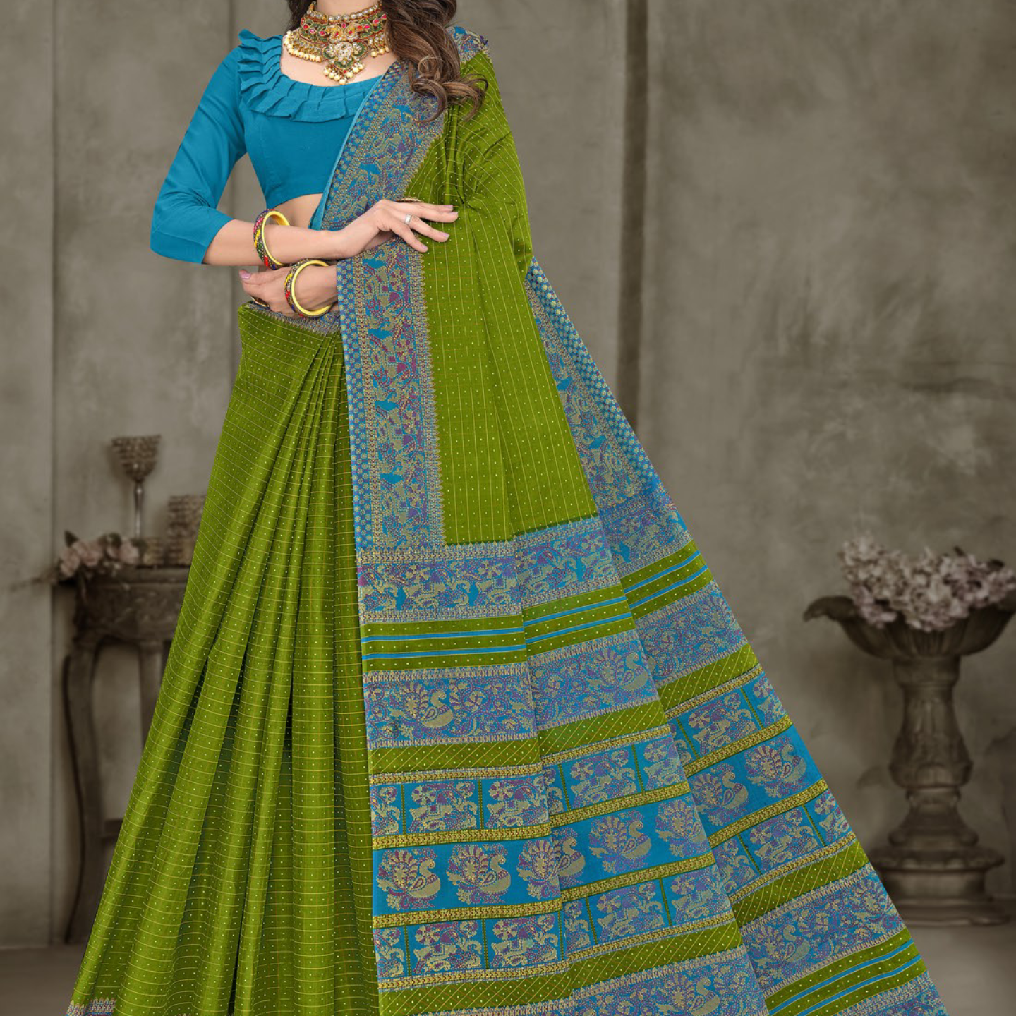 Olive Green and Blue cotton saree [sku:BV-24798]
