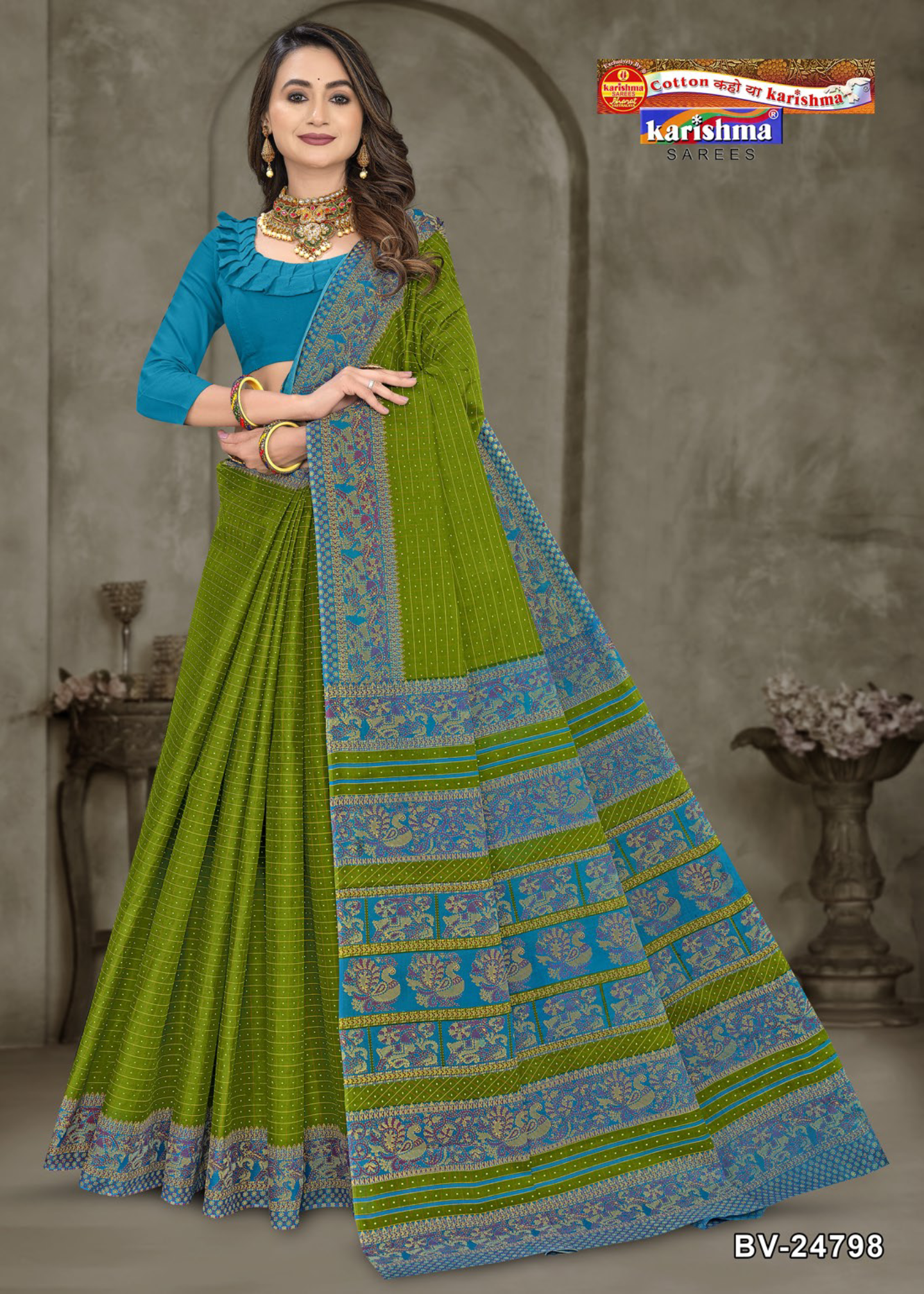 Olive Green and Blue cotton saree [sku:BV-24798]