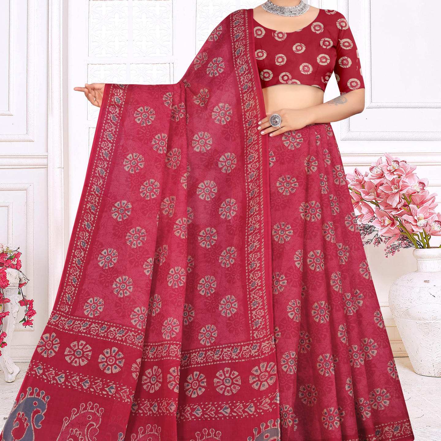Maroon Red cotton saree [sku:KN-67525]