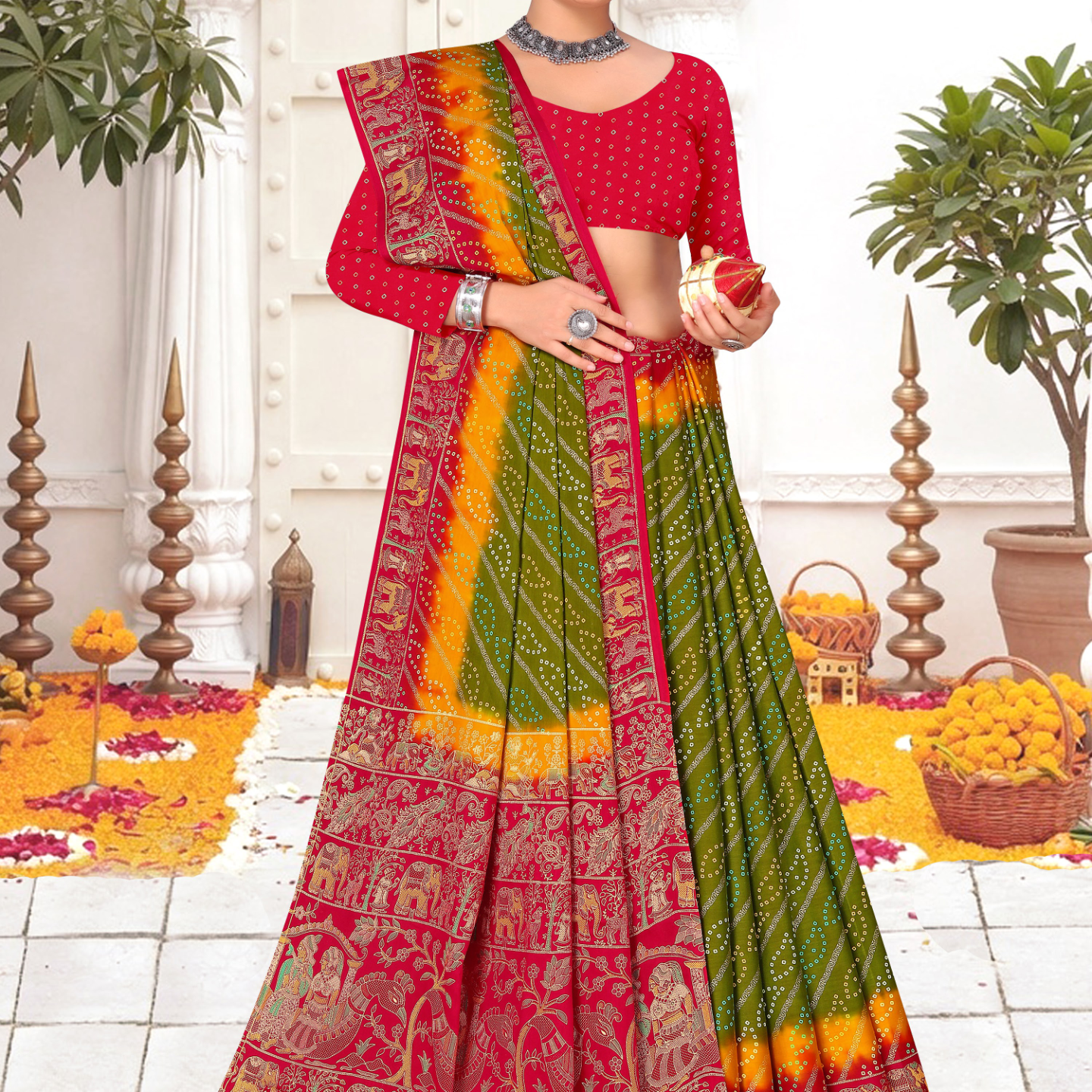 Olive Green and Red malai saree [sku:KN-67903]