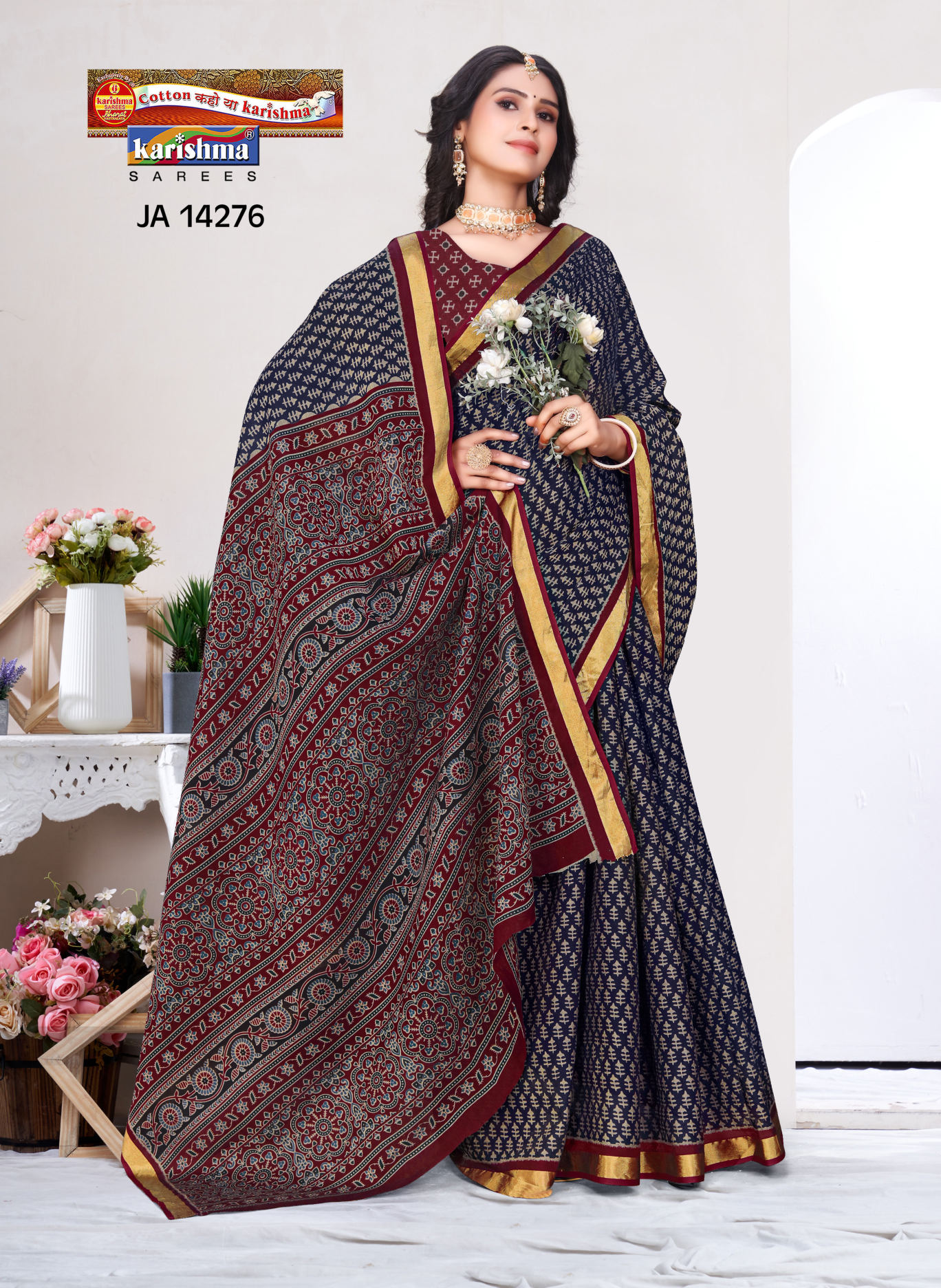 Navy Blue & Red muslin saree